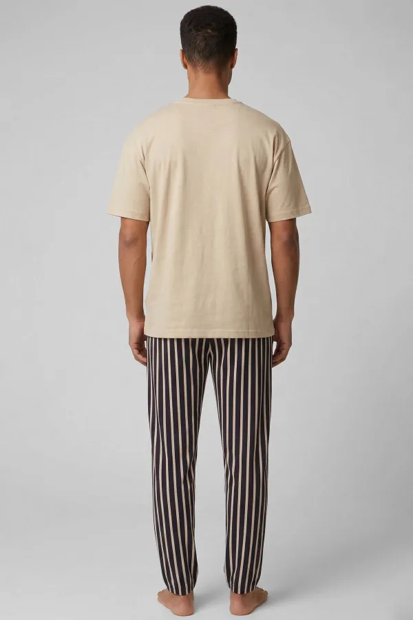 Egyptian Men's Cotton Striped Pajama Set Beige-Dark Brown Egyptian Men's Cotton Striped Pajama Set Beige-Dark Brown