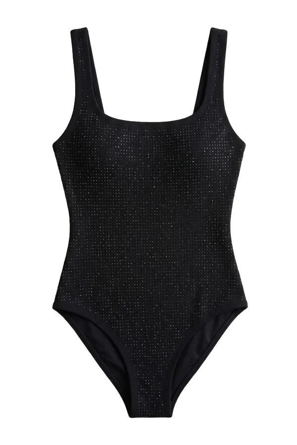 Mısırlı Taş Baskılı Kare Yaka Mayo Siyah