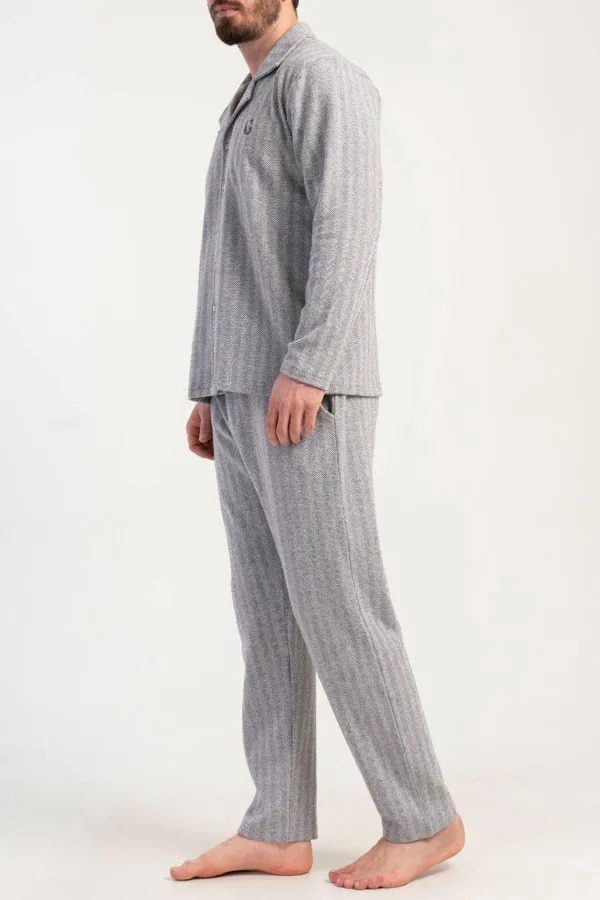 Ensemble pyjama pour homme, chemise à manches longues rayée en maille interlock égyptienne, gris clair