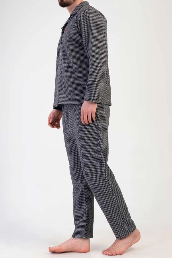 Ensemble pyjama noir à manches longues pour homme, en maille interlock à micro-motifs égyptienne.