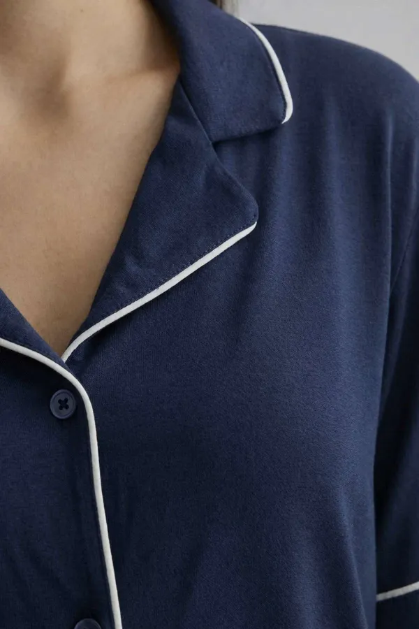 Haut de pyjama à manches courtes en bambou pour femme, bleu marine, de style égyptien