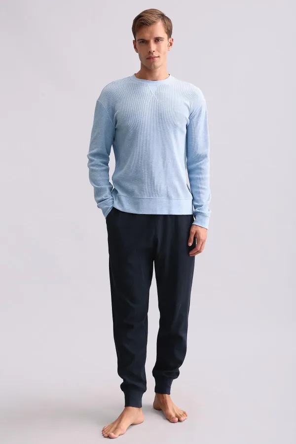 Mısırlı Erkek Pamuklu Uzun Kollu Pijama Takımı Mavi