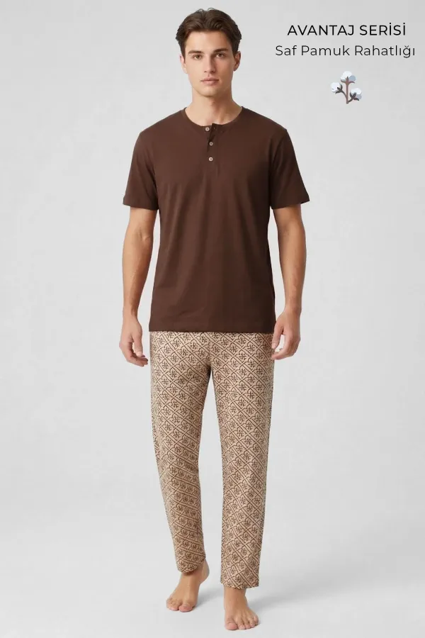 Egyptian Men's Cotton Crew Neck Buttoned Pajama Set Coffee/Beige