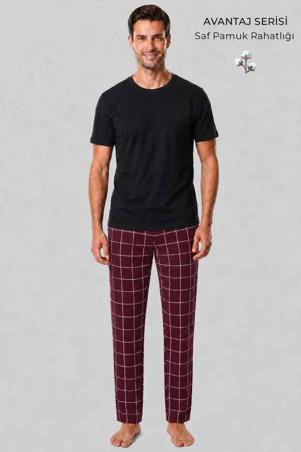 Mısırlı Erkek Pamuk İnce Ekoseli Alt  Pijama Bordo