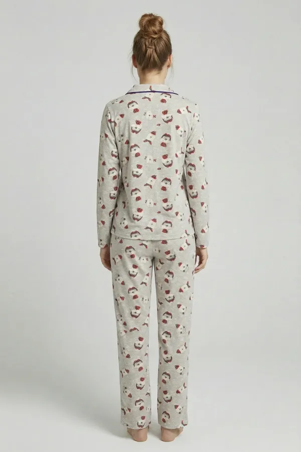 Mısırlı Kış Temalı Kadın Pijama Takımı Gri Melanj