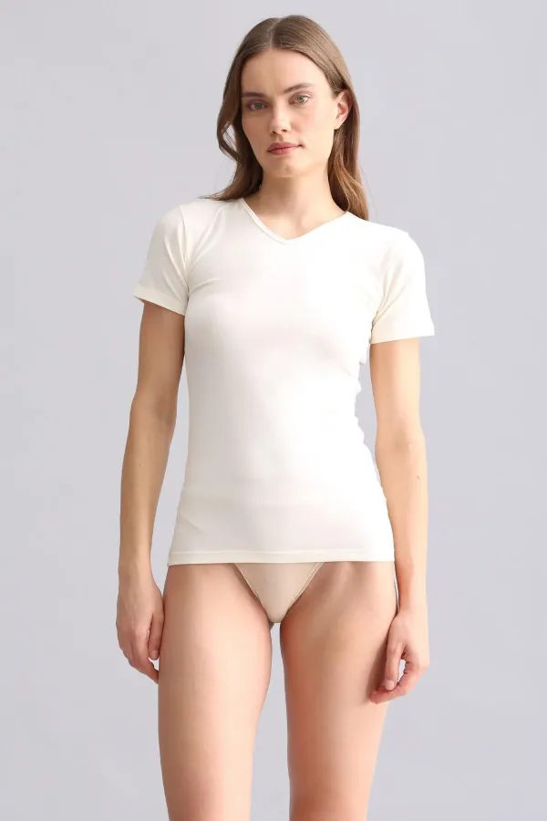 Mısırlı Modal By TENCEL VICTORIA V Yaka Fanila / T-Shirt Ekru