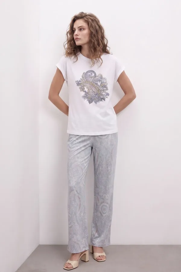 Mısırlı Kadın Pamuk Kısa Kol Pijama Takım Beyaz/Gri