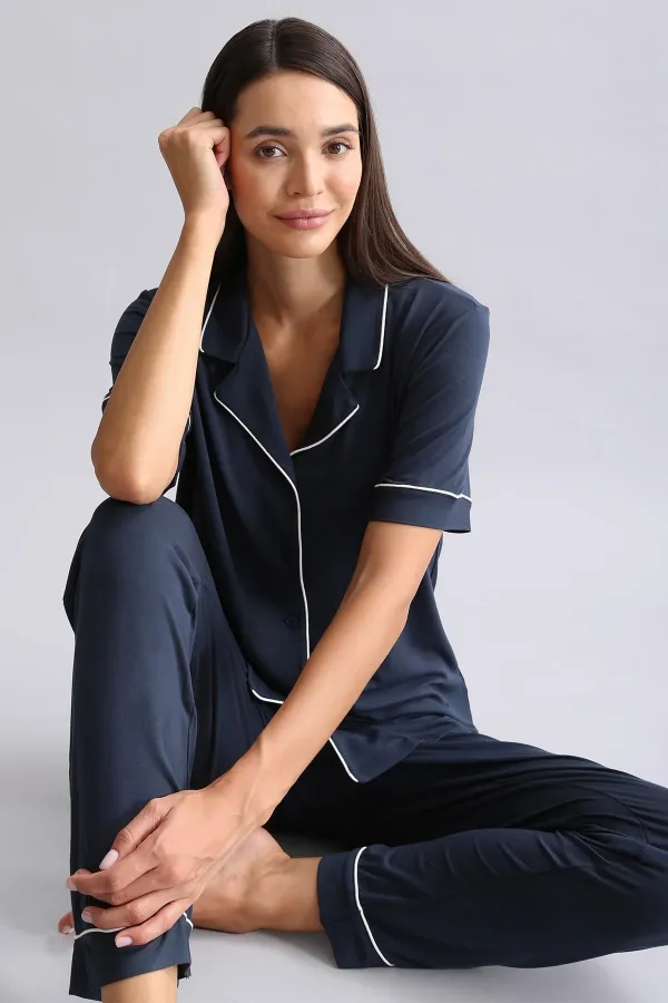 Chemise égyptienne à manches courtes en modal, bleu marine