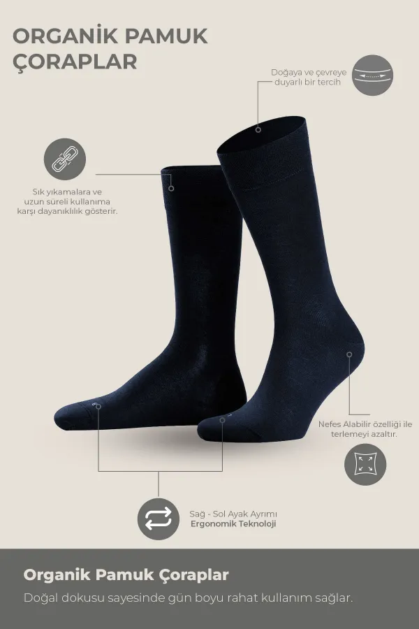 Erkek Organik Pamuklu Kışlık 4 Çift Soket Çorap Lacivert