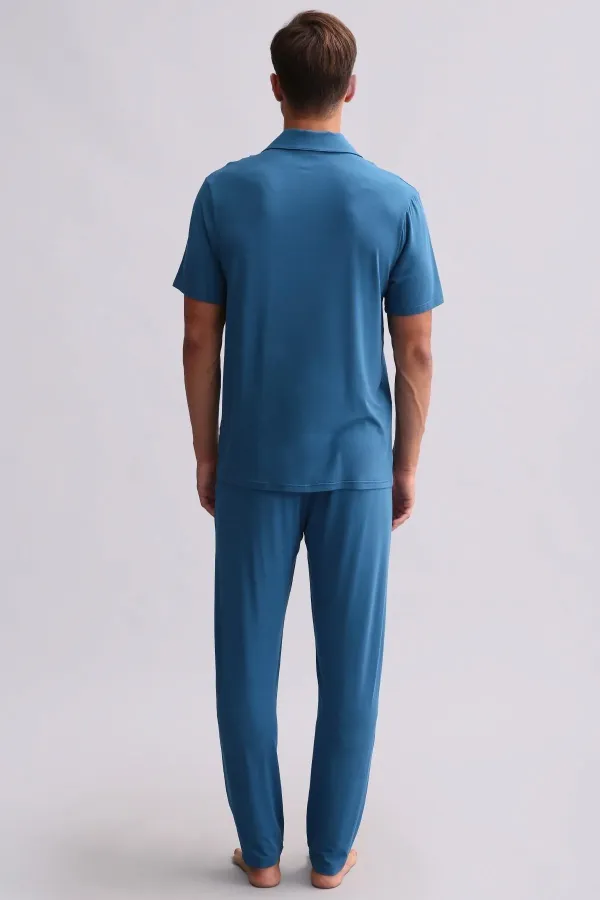 Chemise égyptienne pour homme en modal à manches courtes, bleu marine foncé