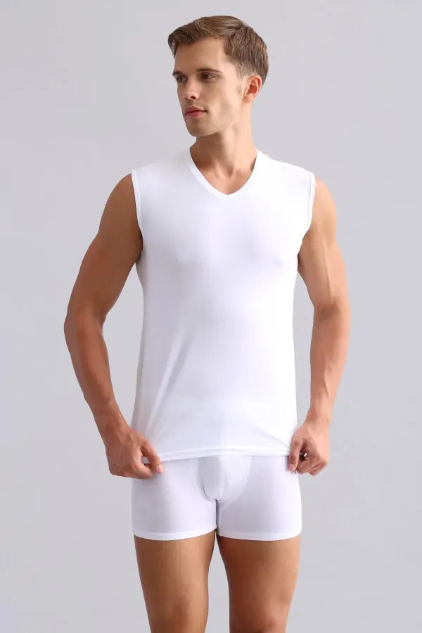 Mısırlı Modal By TENCEL HERCULES Slim Fit V-Neck Athletic Tank Top / T-Shirt White