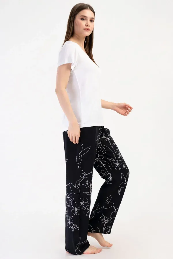 Mısırlı Kadın Viskon Kısa Kollu Pijama Takımı Beyaz