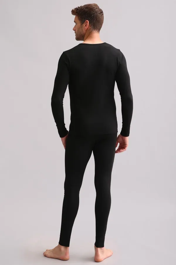 Sous-vêtement thermique en bambou égyptien à col en V et manches longues, noir