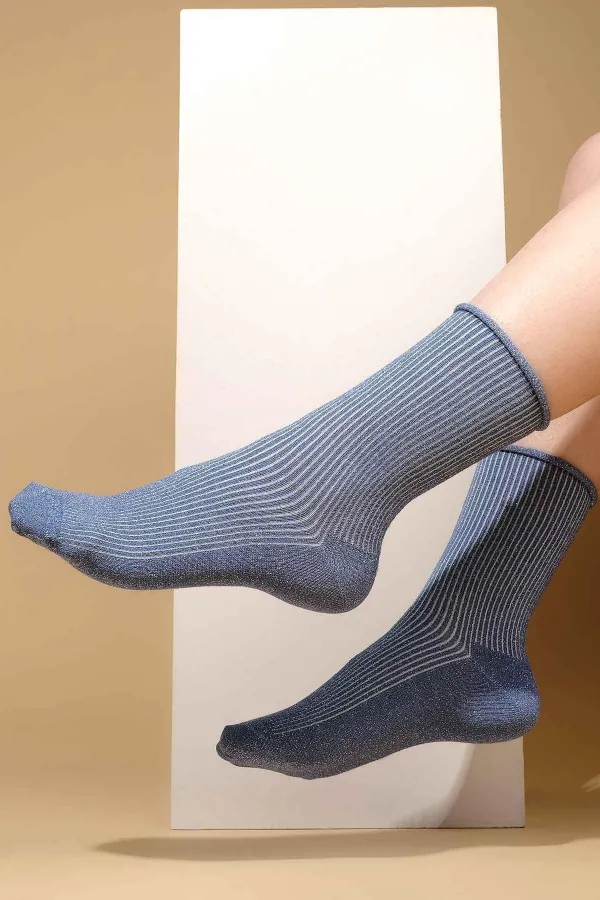 Mısırlı Kadın Bambu Simli Soket Çorap Mavi