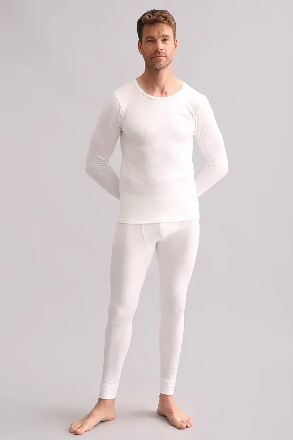 Sous-vêtement/sweat-shirt thermique en bambou égyptien à manches longues et col rond, écru