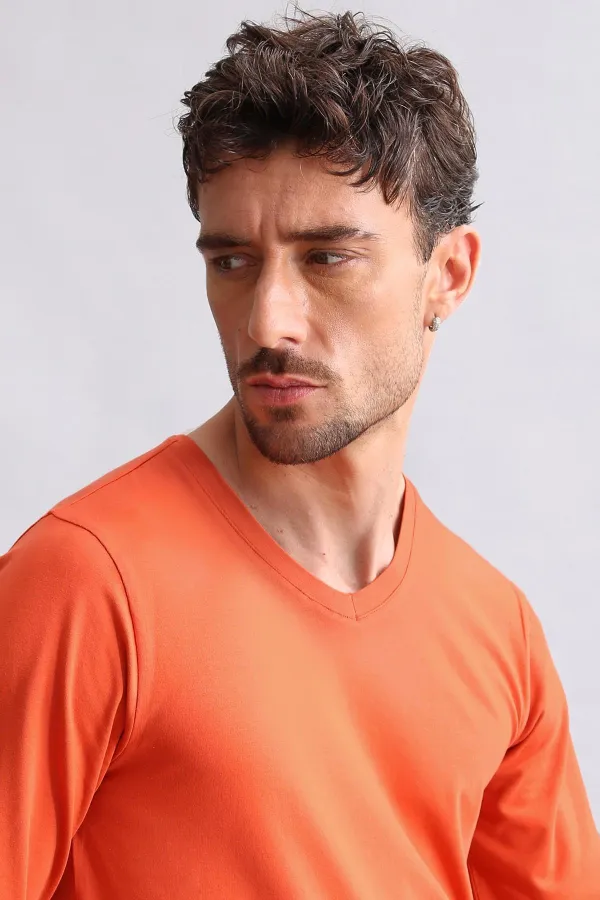 Mısırlı Modal By TENCEL HERCULES Slim Fit V-Neck Long Sleeve Undershirt/T-Shirt Rust Red