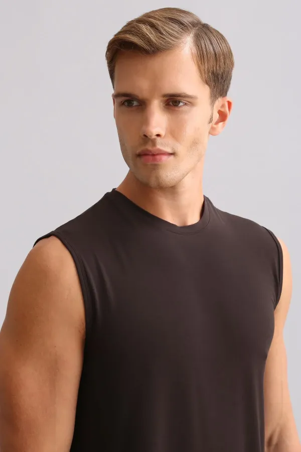 Débardeur/T-shirt de sport marron à col rond, coupe classique, en bambou égyptien Zeus Luxury