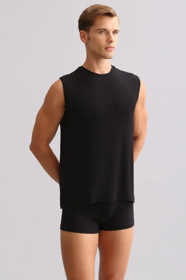 Débardeur/T-shirt de sport noir ZEUS LUXURY en coton biologique égyptien, coupe classique et col rond.