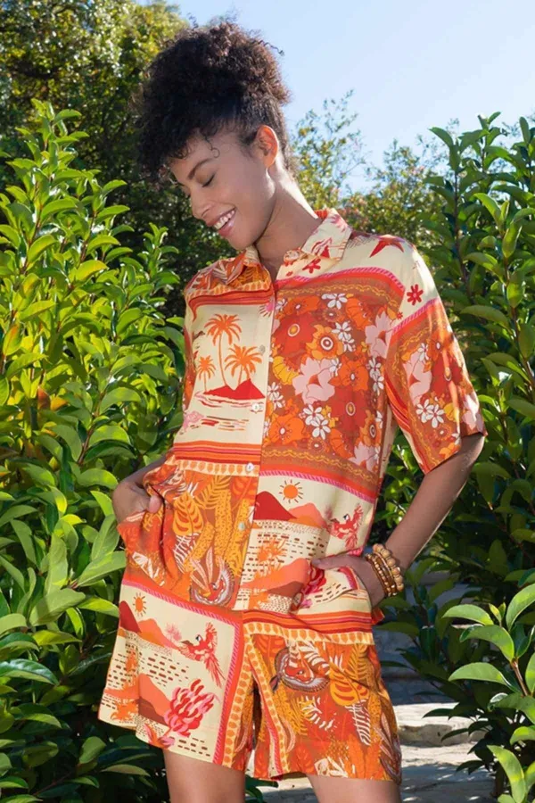 Mısırlı Kadın Viskon Dokuma Desenli Gömlek Şort Takım Turuncu