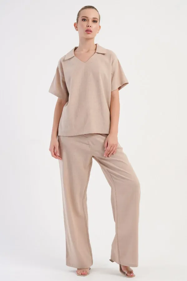 Mısırlı Kadın Pamuklu Dokuma Kısa Kollu Takım Bej