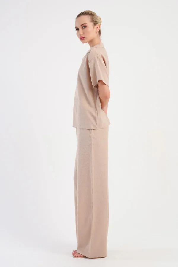 Mısırlı Kadın Pamuklu Dokuma Kısa Kollu Takım Bej