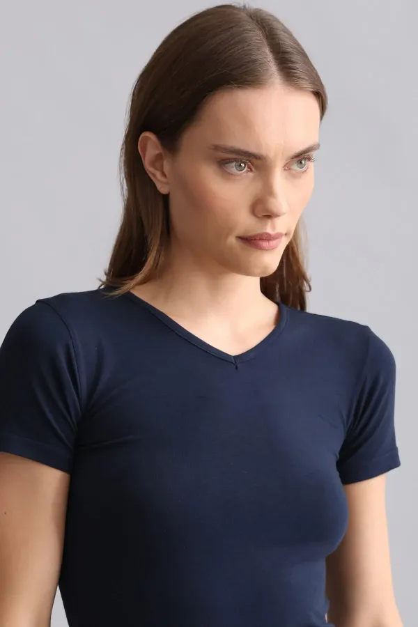 Débardeur/T-shirt à col V bleu marine en modal égyptien TENCEL VICTORIA
