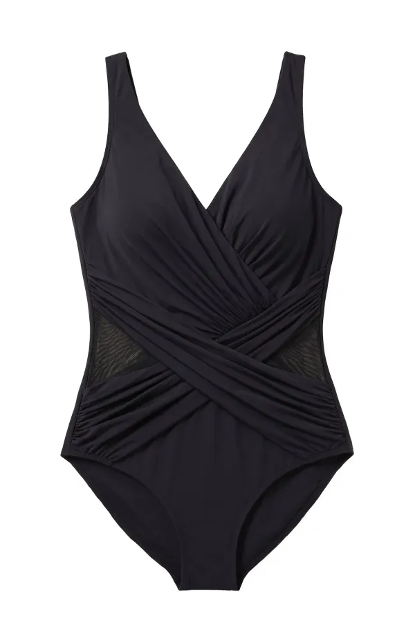 Egyptian Patterned Mesh Detail Wrap Swimsuit Black Egyptian Patterned Mesh Detail Wrap Swimsuit Black
