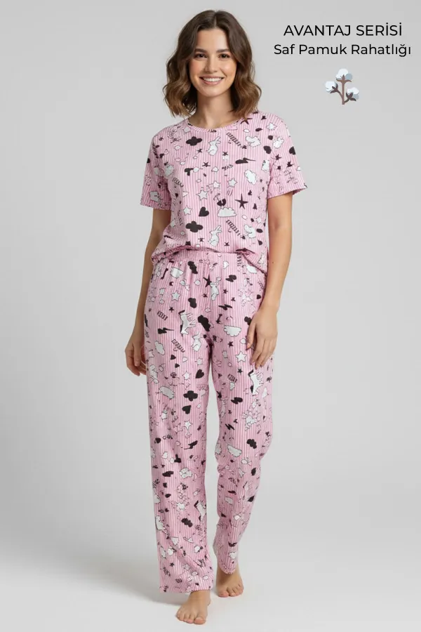 Pamuklu Kısa Kollu Tişört Pantolon Takım Pembe