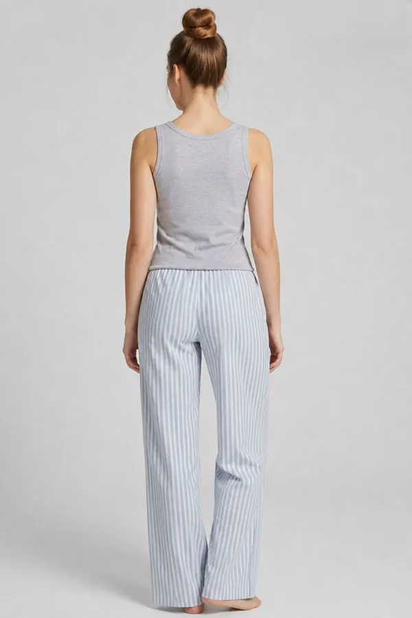 Ensemble pyjama rayé en coton pour femme, gris/bleu, style égyptien Ensemble pyjama rayé en coton pour femme, gris/bleu, style égyptien
