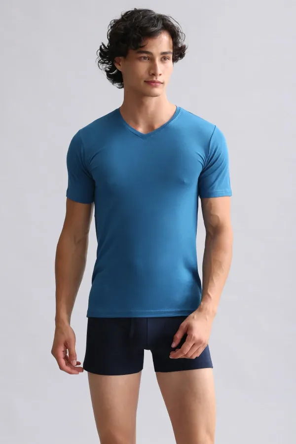 Débardeur/T-shirt égyptien BAMBOO HERCULES coupe ajustée col V, couleur pétrole