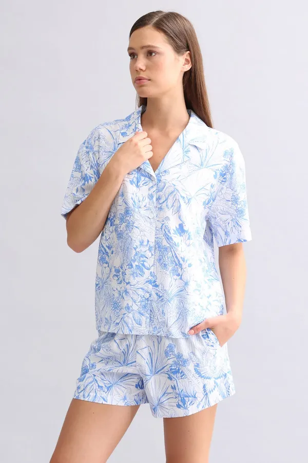 Mısırlı Kadın Pamuk Gömlek Şort Takım Mavi