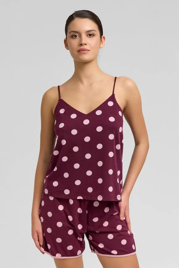 Mısırlı Kadın Modal Puantiyeli İp Askılı Şort Takımı Bordo