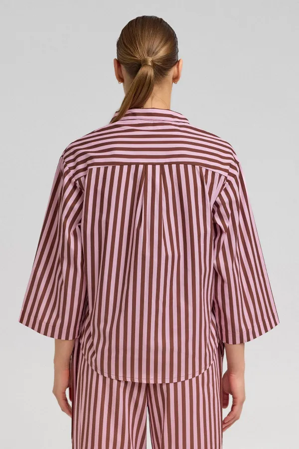 Kadın Pamuklu Poplin Çizgili Gömlek Kahverengi/Pembe