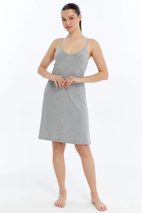 Chemise de nuit égyptienne côtelée à bretelles, gris chiné