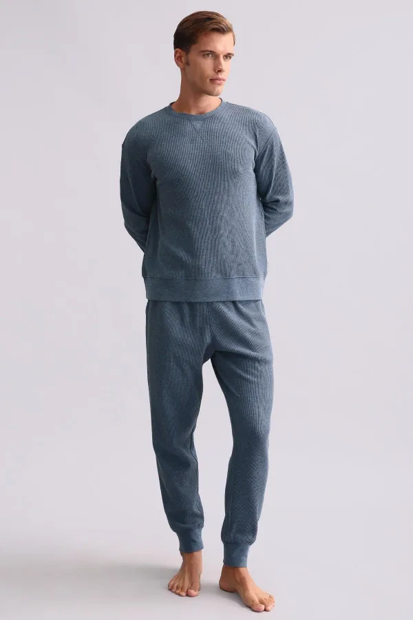 Mısırlı Erkek Pamuklu Uzun Kollu Pijama Takımı İndigo