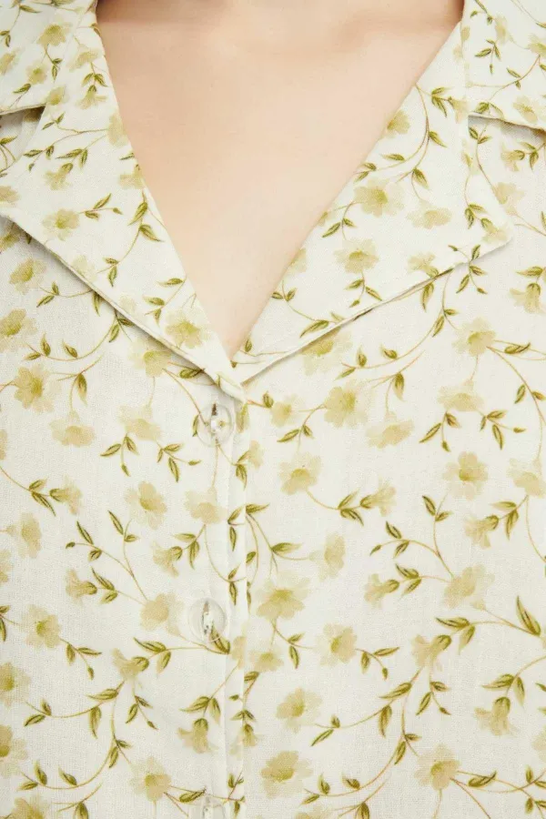 Mısırlı MÜSLİN Pamuklu Çiçekli Gömlek Yeşil