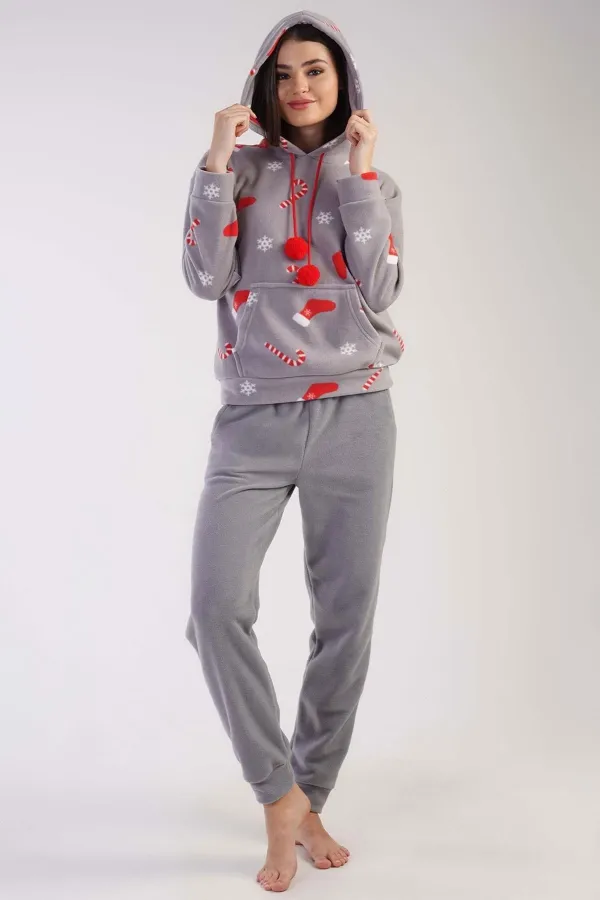 Mısırlı Kadın Polar Yılbaşı Temalı Kapüşonlu Pijama Takımı Gri