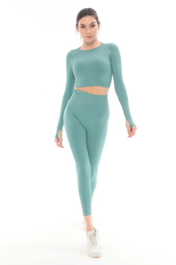 Mısırlı Kadın Uzun Kollu Spor Tayt Takımı Çağla Yeşili