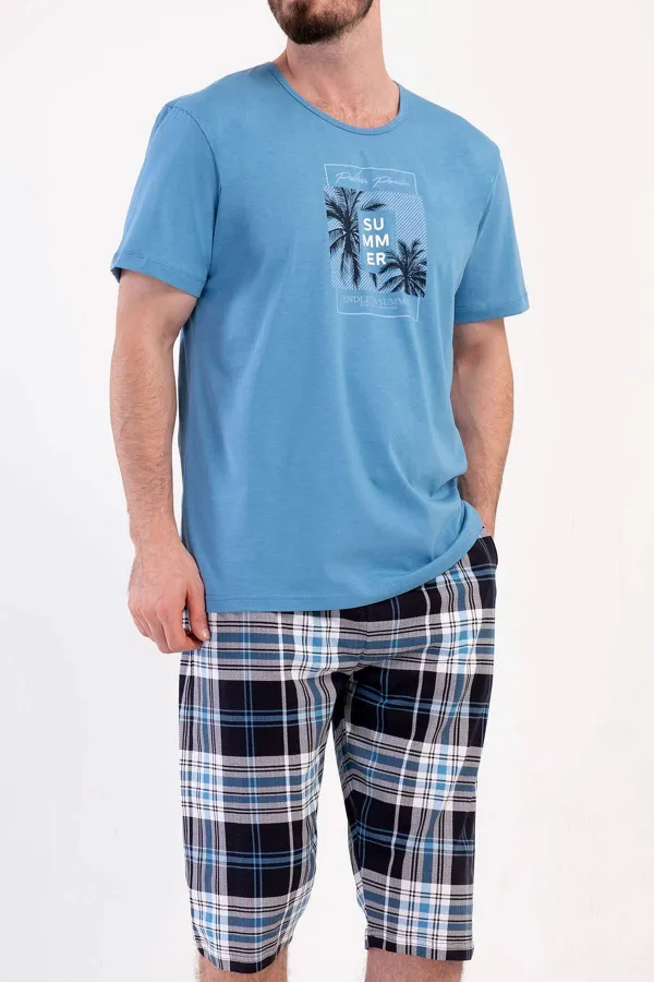 Ensemble Capri à manches courtes à motifs pour homme, bleu, style égyptien