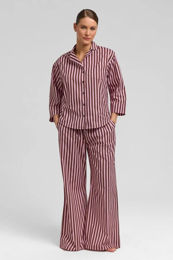 Kadın Pamuklu Poplin Çizgili Gömlek Kahverengi/Pembe