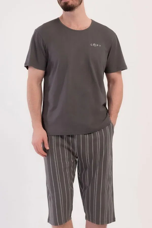 Mısırlı Erkek Pamuklu Çizgili Kısa Kollu Kapri Takım Füme