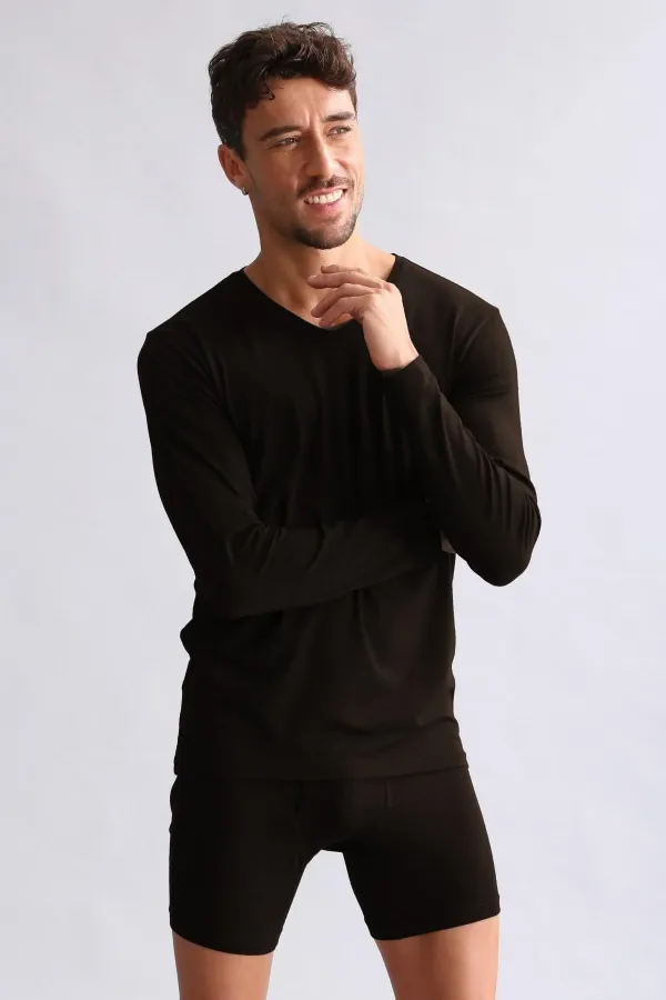 Débardeur/T-shirt à manches longues et col en V, coupe ajustée, en modal égyptien TENCEL HERCULES, marron