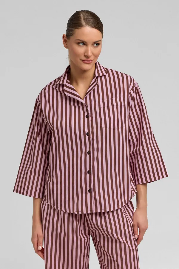 Kadın Pamuklu Poplin Çizgili Gömlek Kahverengi/Pembe