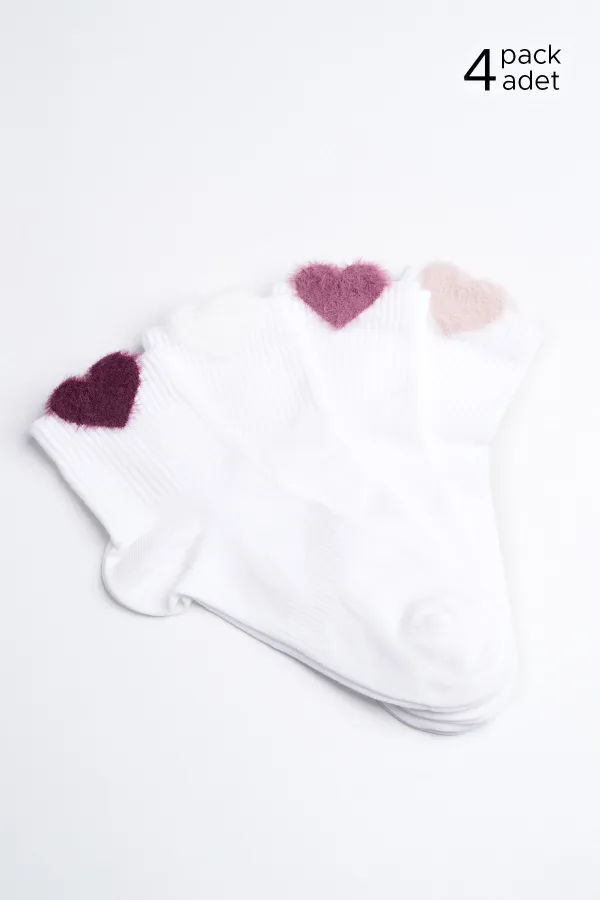 Women's Cotton Heart Patterned Short Ankle Socks, 4 Pairs, White