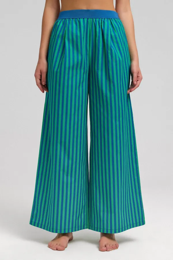 Women's Cotton Poplin Pleated Trousers Green/Navy