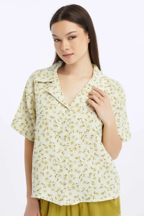 Mısırlı MÜSLİN Pamuklu Çiçekli Gömlek Yeşil