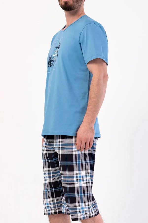 Ensemble Capri à manches courtes à motifs pour homme, bleu, style égyptien