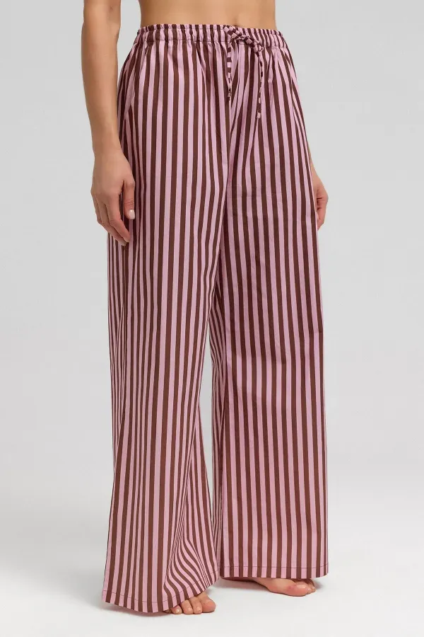 Pantalon de pyjama rayé en popeline de coton pour femme, marron et rose, style égyptien.
