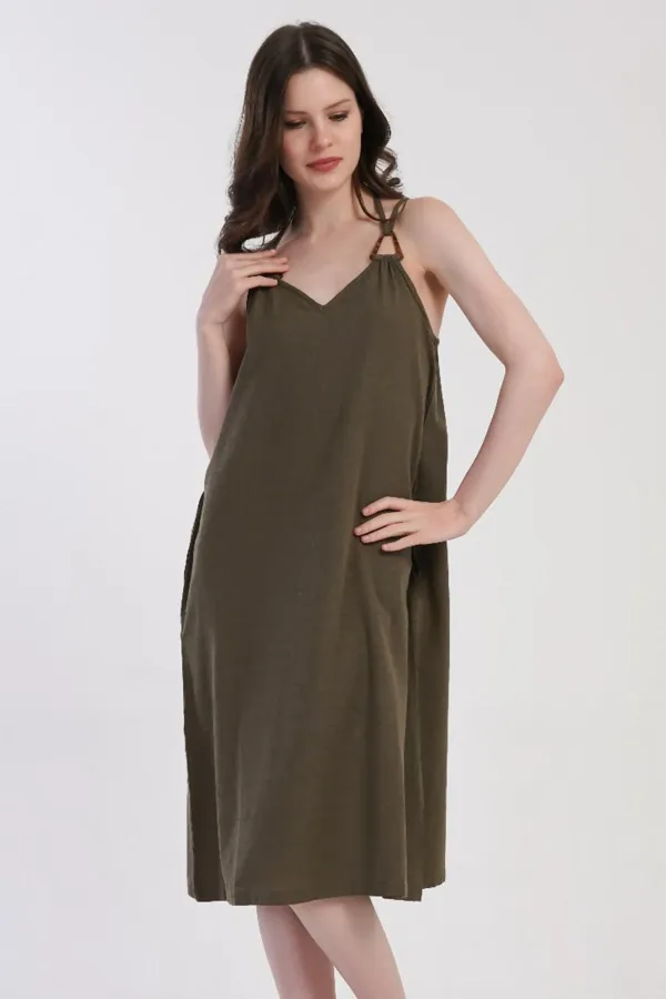 Mısırlı Kadın Viskon İp Askılı Ev Elbisesi Haki