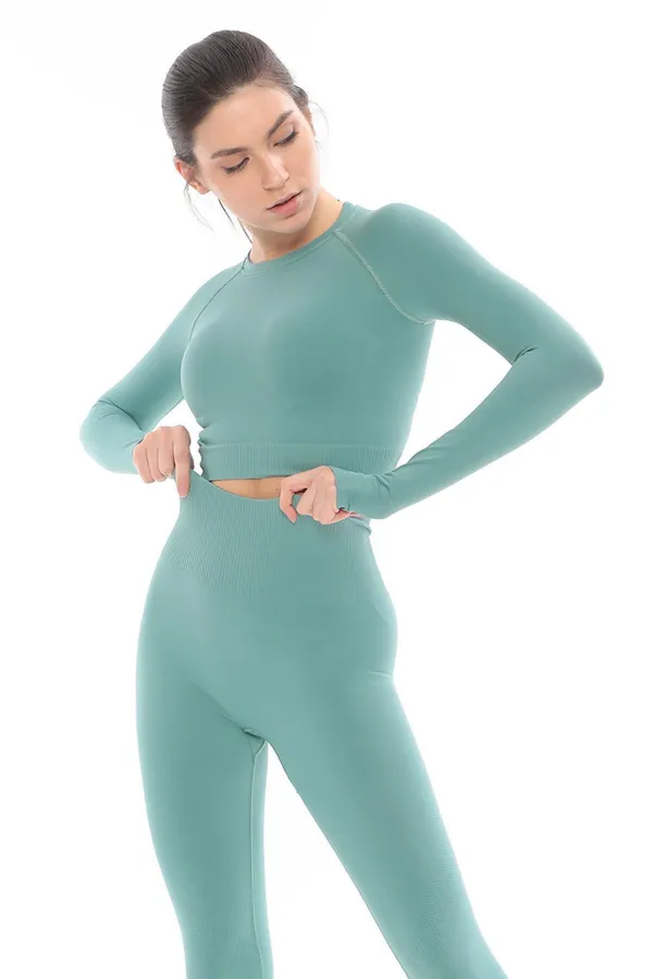 Mısırlı Kadın Uzun Kollu Spor Tayt Takımı Çağla Yeşili